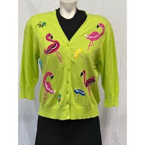 Just B Womens Green Flamingo  Button Front Cardigan Size L Embroidered Knitted‎